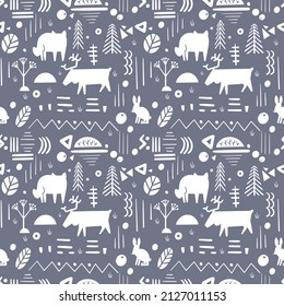 Cute animals in forest. Decorative silhouettes elements of wolf fox bear for textile and background. Printing on fabric and paper. Seamless pattern in scandinavian style. Vector illustration.