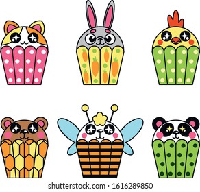 Cute animals in the form of cupcakes in a wrapper, bright and colorful.
