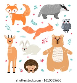 Cute animals: fox, badger, squirrel, owl, deer, doe, roe deer, hare, rabbit, hedgehog, bear and different elements. Illustration hand drawn in scandinavian style.