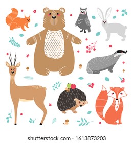 Cute animals: fox, badger, squirrel, owl, deer, doe, roe deer, hare, rabbit, hedgehog, bear and different elements. Illustration hand drawn in scandinavian style.