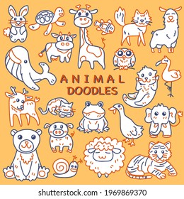 cute animals, fox, bunny, sheep, cow, tiger, duck, giraffe, turtle, whale, bear, elephant, frog, cat doodle with blue and orange line on yellow background 