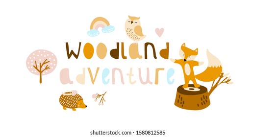 Cute animals. Fox,  hedgehog, owl in woodland. Great for kids apparel, nursery decoration. Vector Illustration