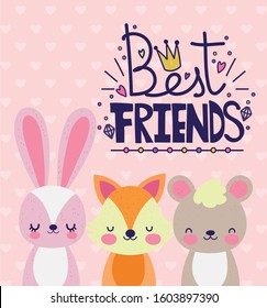 cute animals fox rabbit bear best friends card hearts background vector illustration