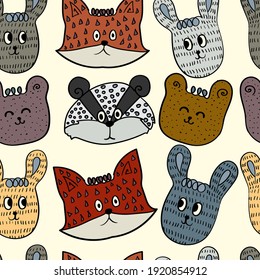 Cute animals fox, rabbit, bear hand drawing doodle colored pastel abstraction seamless pattern. Suitable for textiles, packaging, wallpaper, etc. Objects isolated on background. Vector illustration.