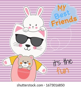 Cute animals friends, bear, cat in sunglasses and rabbit. Happy Friendship day. Modern flat poster for prints, kids cards, cover, t-shirts and other. Greeting card. Vector illustration.