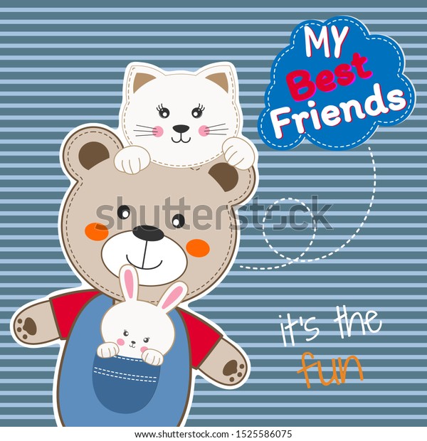 Cute animals friends, bear, cat and rabbit. Happy\
Friendship day.  flat clip art. Modern  poster for \
\
prints, kids\
cards, t-shirts and\
other.