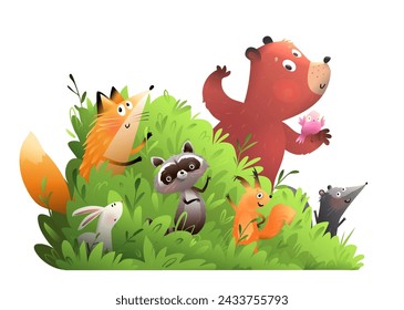 Lindos amigos animales en el bosque. Oso zorro mapache ardilla y conejito en hierba verde, imágenes prediseñadas aisladas para niños. Ilustración dibujada a mano vectorial en estilo acuarela para niños.