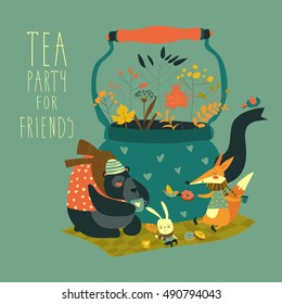 Cute animals friends sitting around teapot