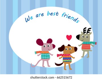 cute animals friendship greeting card vector