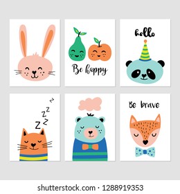 Cute animals and fruits characters set. Childish print for greeting cards, party invitation, baby shower and nursery decoration