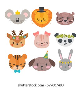 Cute animals with funny accessories. Cartoon zoo. Set of hand drawn smiling characters. Cat, lion, panda, dog, tiger, deer, bunny, mouse and bear. Vector illustration