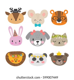 Cute animals with funny accessories. Set of hand drawn smiling characters. Cat, lion, dog, tiger, panda, deer, bunny, mouse and bear. Cartoon zoo. Vector illustration