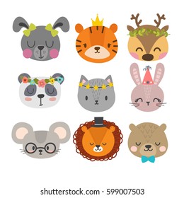 Cute animals with funny accessories. Set of hand drawn smiling characters. Cat, lion, panda, bunny, dog, tiger, deer, mouse and bear. Cartoon zoo. Vector illustration