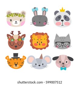 Cute animals with funny accessories. Set of hand drawn smiling characters. Cartoon zoo. Cat, lion, panda, dog, tiger, deer, bunny, mouse and bear. Vector illustration