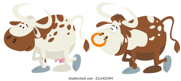 Cute animals. Funny bull and cow. Illustration concept for mobile website and internet development.