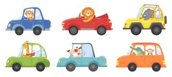 Cute Animals In Funny Cars. Animal Driver, Pets Vehicle And Happy Lion In Car Kid. Transportation Animals Or Lion And Dog Character Travel In Cars. Isolated Vector Cartoon Illustration Icons Set