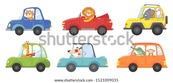 Cute animals in funny cars. Animal driver, pets\
vehicle and happy lion in car kid. Transportation animals or lion\
and dog character travel in cars. Isolated vector cartoon\
illustration icons set