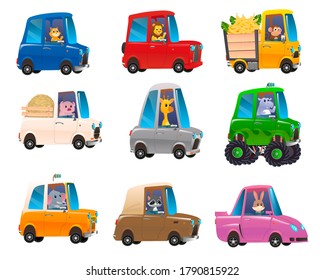 Cute animals in funny cars. Transportation animals character travel. Kids transport collection with cute animals. Vector illustration