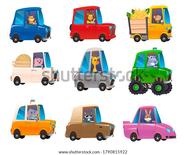 Cute animals in funny cars. Transportation\
animals character travel. Kids transport collection with cute\
animals. Vector\
illustration
