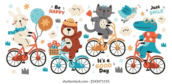 Animales lindos personajes divertidos montando bicicleta transporte ecológico, frase de inspiración. Cocodrilo, oso, gato, conejo mascota ciclismo sintiéndose bien, feliz, divertida Ilustración vectorial. Tiempo de vacaciones de verano