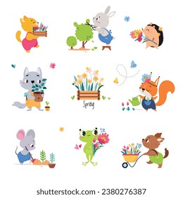 Cute Animals Gardener Working Cultivate Plants Vector Set