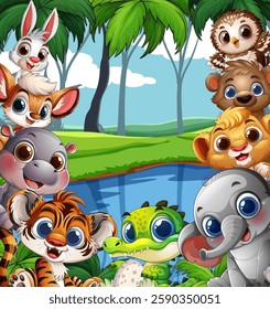 Cute animals gather around a serene jungle pond