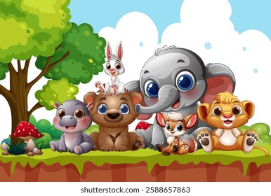 Cute animals gather happily in a lush forest