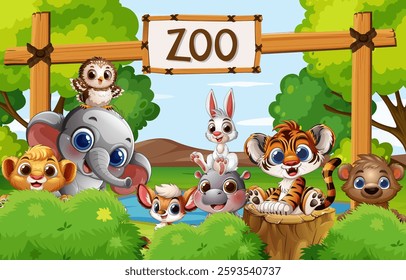 Cute animals gather happily at the zoo entrance