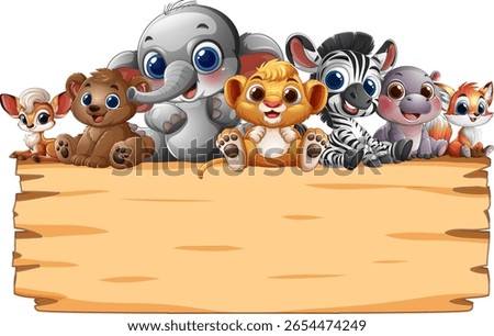 Cute animals gathered around a blank wooden sign