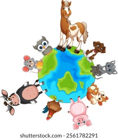 Cute animals gathered around a cartoon Earth