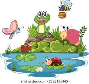 Cute animals gathered around a pond