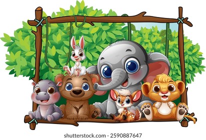 Cute animals gathered in a lush jungle setting