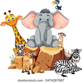 Cute animals gathered on a rock