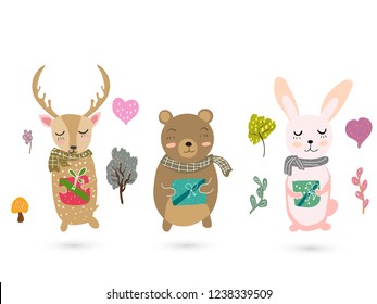 Cute  animals with Gift Box  deer,
,rabbit ,bear, celebration set,vector illustration