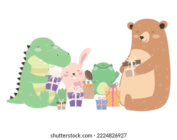cute animals with gifts characters