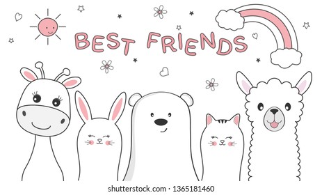 Cute animals giraffe, cat, bear, rabbit and llama best friends. Happy friendship day. Kids graphics for t-shirts. Greeting card.