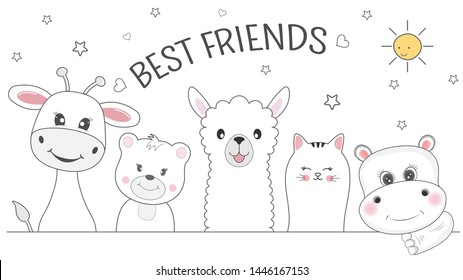 Cute animals giraffe, cat, bear, llama and hippo best friends. Happy friendship day. Kids graphics for t-shirts. Greeting card.