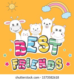 Cute animals giraffe,  cat, bear, llama  and hippo best friends. Happy friendship day. Modern  poster for prints, kids cards, t-shirts and other. Vector illustration. Greeting card.