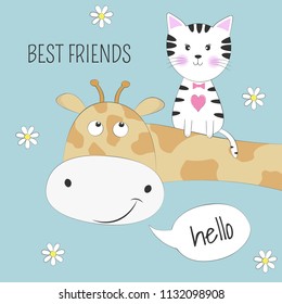 Cute animals giraffe and cat best friends. Happy friendship day. Kids graphics for t-shirts. Greeting