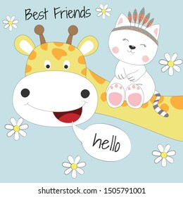 Cute animals giraffe and  cat best friends. Happy friendship day. Kids graphics for t-shirts. Greeting card.