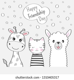 Cute animals giraffe, cat and llama best friends. Happy friendship day. Kids graphics for t-shirts. Greeting card.