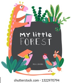 Cute Animals Giraffe, Chicken,  Chameleons, mouse and Rabbit happy in my little forest pattern. Vector illustration.