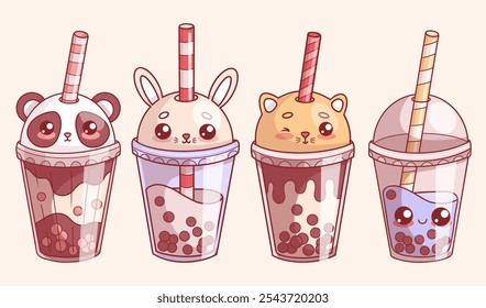 Cute animals glass drink of Bubble Tea. Isolated funny cartoon kawaii character panda, rabbit and cat with straw. Vector illustration. Kids collection