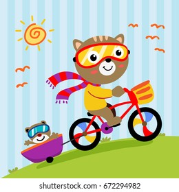 cute animals go to school with bicycle. vector illustration