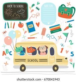 Cute animals go to school by bus. Back to school. Set of characters and elements.