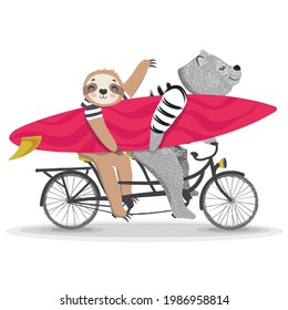 Cute animals going surfing. Cute bear and sloth going to the beach on a duo bike. Cartoon character for children. Prints, greeting cards, textile artworks. Fun zoo characters vector illustration. 