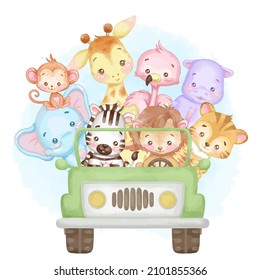 Cute animals in a green car. African animals vector illustration. watercolor.