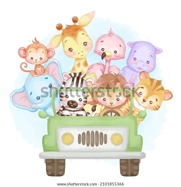 Cute animals in a green car. African animals\
vector illustration.\
watercolor.