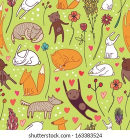 cute animals green seamless pattern