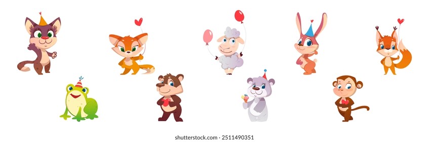 Cute Animals Greeting with Birthday in Cone Hat Vector Set